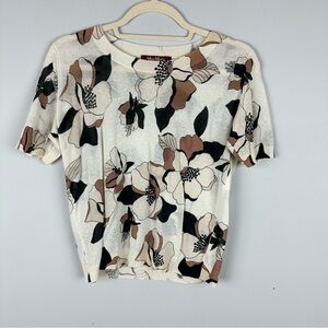 Max Mara Floral Knit Short Sleeve Top Neutral Print Cream Sweater Tee Size S